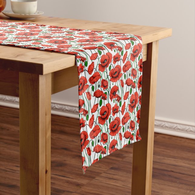 Red Poppies in a Field on White Medium Table Runner (In Situ)