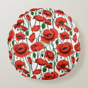 Red Poppies in a Field on White Round Pillow