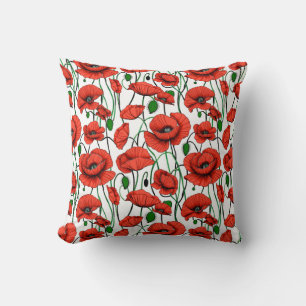 Red Poppies in a Field on White Throw Pillow