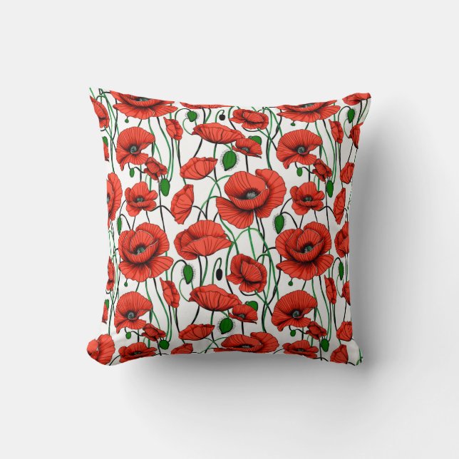Red Poppies in a Field on White Throw Pillow (Front)
