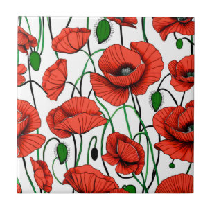 Red Poppies in a Field on White Tile