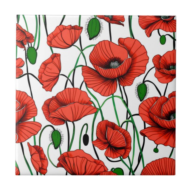 Red Poppies in a Field on White Tile (Front)