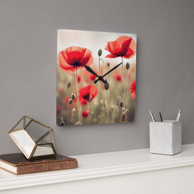 Red Poppies In a Field Square Wall Clock (Office)