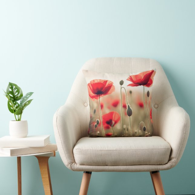 Red Poppies In a Field Throw Pillow (Chair)