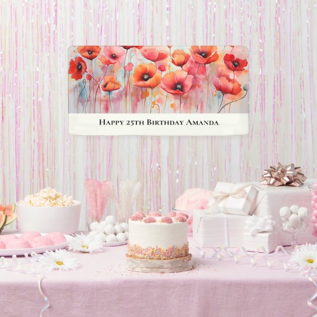 Red Poppies in a Field Watercolor Birthday Banner (Party)
