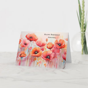Red Poppies in a Field Watercolor Birthday Card