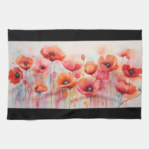 Red Poppies in a Field Watercolor Kitchen Towel