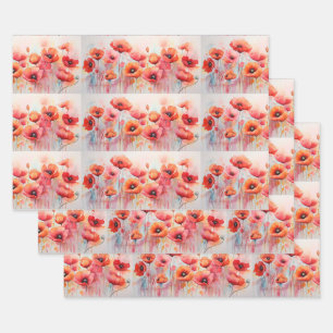 Red Poppies in a Field Watercolor Pattern Wrapping Paper Sheet