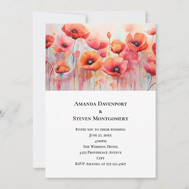Red Poppies in a Field Watercolor Wedding Invitation (Front)