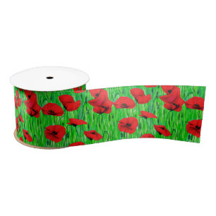 Red Poppies in a Green Field Satin Ribbon