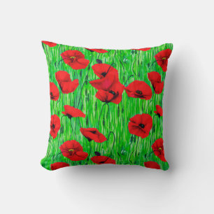 Red Poppies in a Green Field Throw Pillow