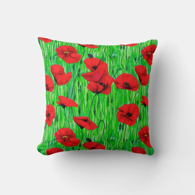 Red Poppies in a Green Field Throw Pillow (Front)