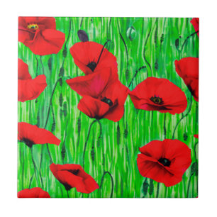Red Poppies in a Green Field Tile