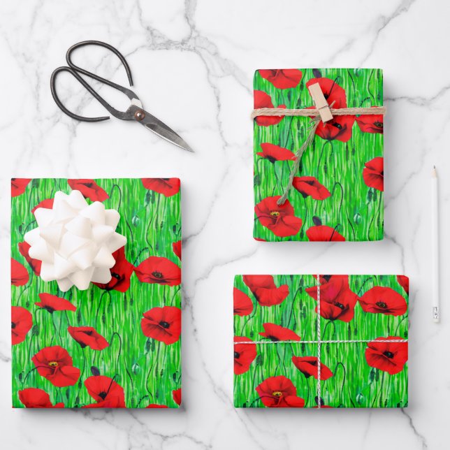 Red Poppies in a Green Field  Wrapping Paper Sheet (Front)