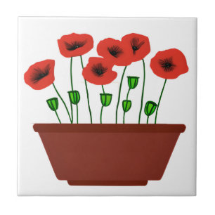 Red Poppies in a Terracotta Planter  Tile