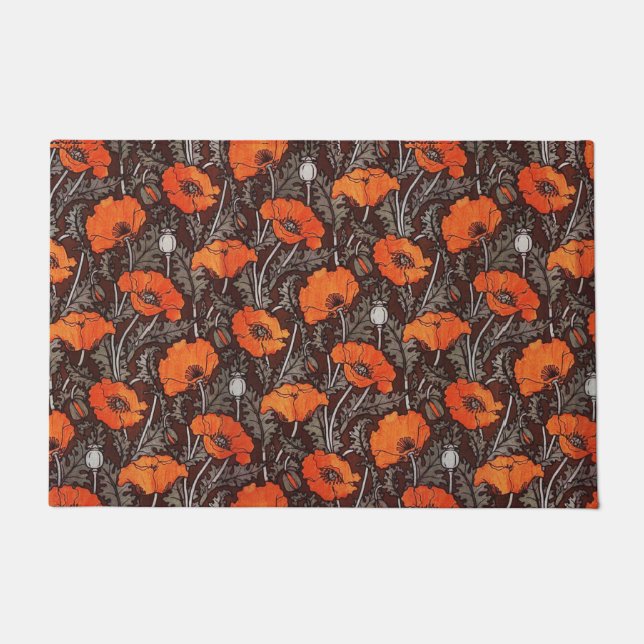 RED POPPIES IN BLACK WHITE Poppy Field Floral Doormat (Front)