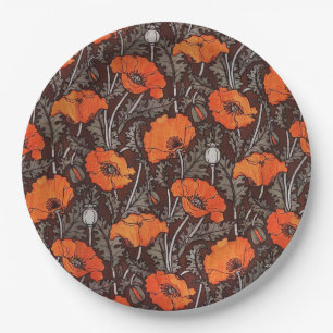 RED POPPIES IN BLACK WHITE Poppy Field Floral Paper Plate
