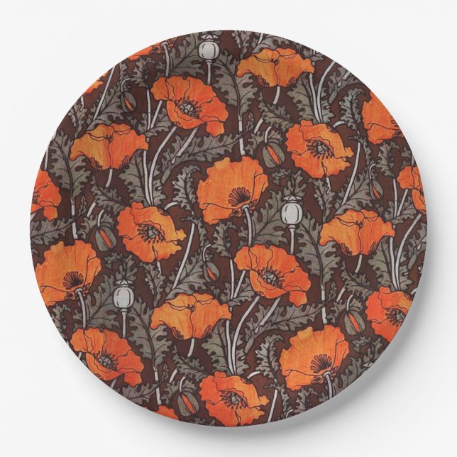 RED POPPIES IN BLACK WHITE Poppy Field Floral  Paper Plate (Front)