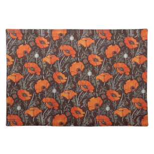 RED POPPIES IN BLACK WHITE Poppy Field Floral  Placemat