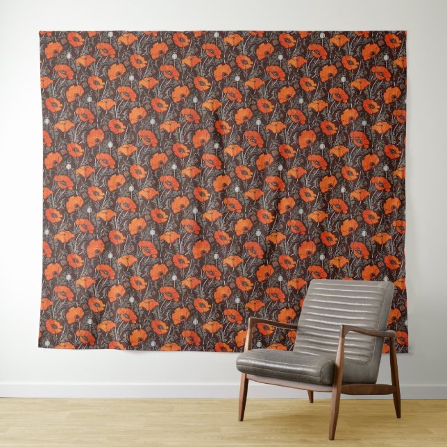 RED POPPIES IN BLACK WHITE Poppy Field Floral Tapestry (In Situ (Horizontal))