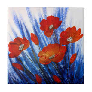 Red Poppies in Blue grass    Tile