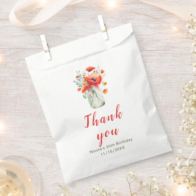 Red Poppies Mason Jar Birthday Favour Bag (Clipped)