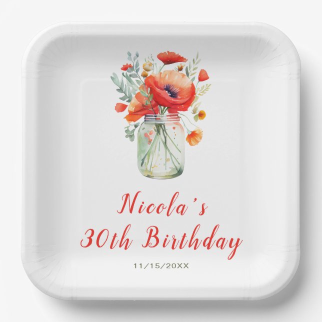 Red Poppies Mason Jar Birthday Paper Plate (Front)