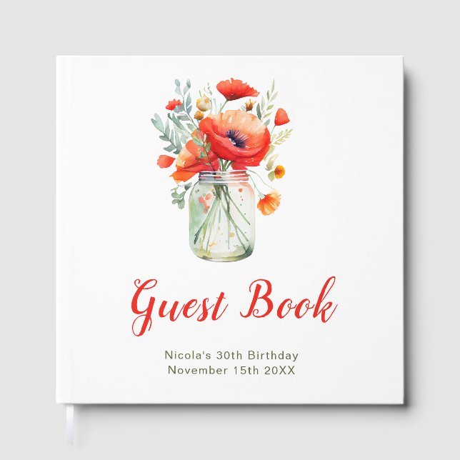 Red Poppies Mason Jar Birthday Party Guest Book (Front)
