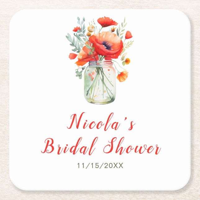Red Poppies Mason Jar Bridal Shower Square Paper Coaster (Front)