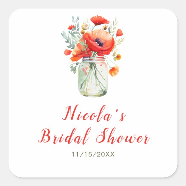 Red Poppies Mason Jar Bridal Shower Square Sticker (Front)