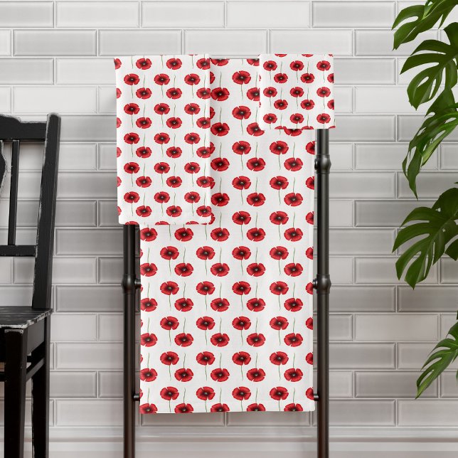 Red Poppies Modern Floral Pattern on White Bath Towel Set (Pop a pretty poppy bath towel in your bathroom today! Makes a lovely gift)