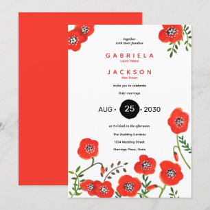 red poppies modern floral wedding invitation