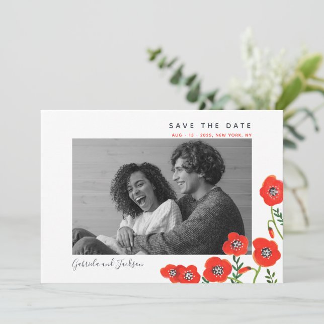 Red poppies modern floral wedding save the date (Standing Front)