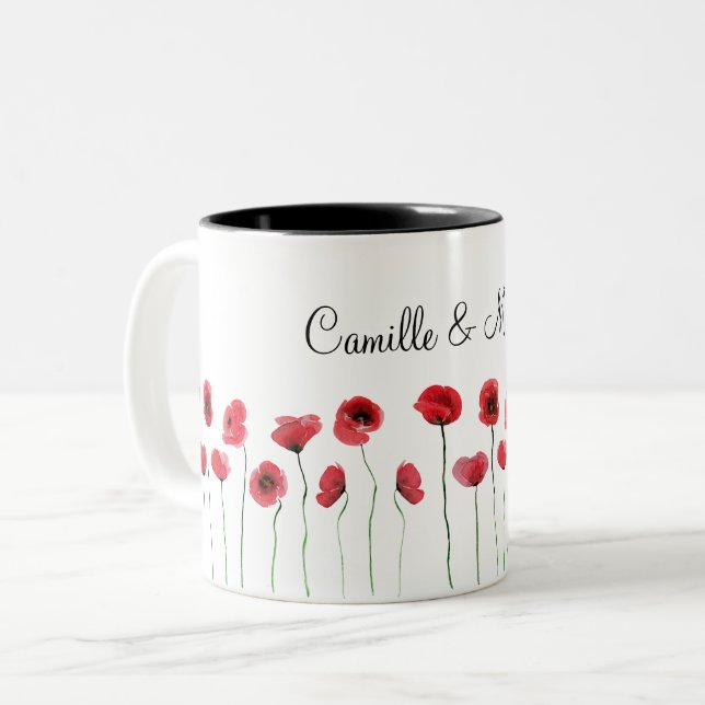 Red poppies mug with name (Front Left)