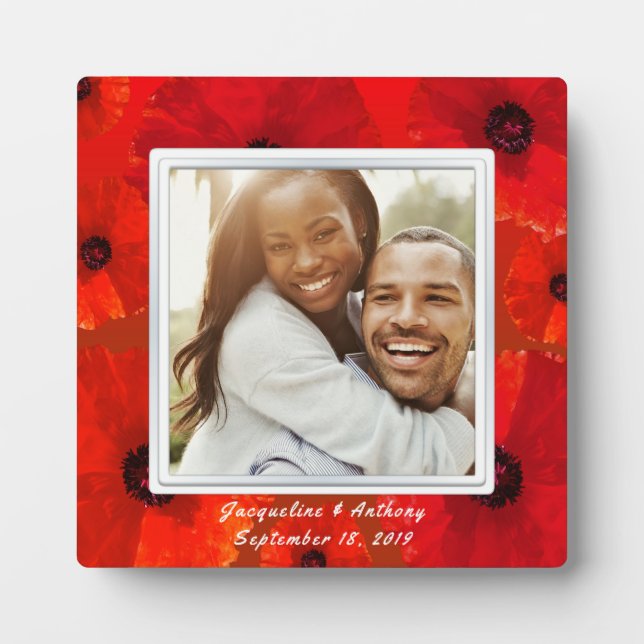Red Poppies Newlyweds Photo Keepsake Plaque (Front)