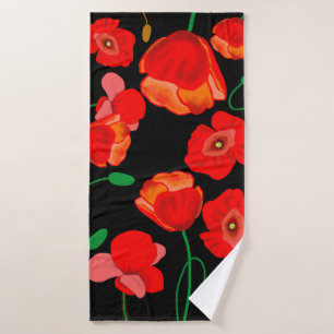 Red poppies on black background illustration bath towel