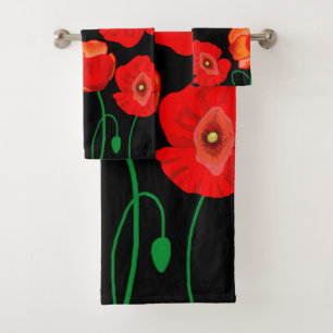 Red poppies on black background illustration bath towel set