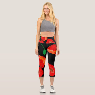 Red poppies on black background illustration capri leggings