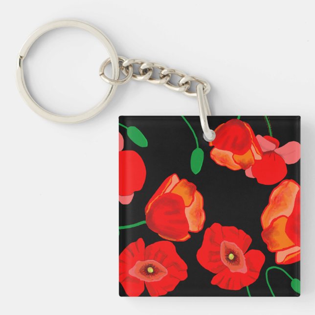 Red poppies on black background illustration  keychain (Front)