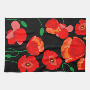 Red poppies on black background illustration kitchen towel