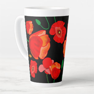 Red poppies on black background illustration latte mug