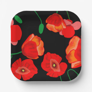 Red poppies on black background illustration paper plate