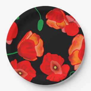 Red poppies on black background illustration  paper plate