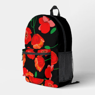 Red poppies on black background illustration printed backpack