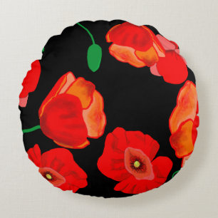 Red poppies on black background illustration  round pillow
