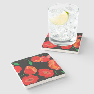 Red poppies on black background illustration stone coaster