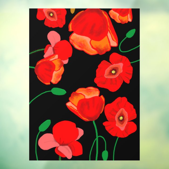 Red poppies on black background illustration  window cling (Sheet 3)