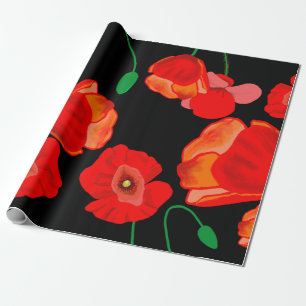Red poppies on black background illustration  wrapping paper