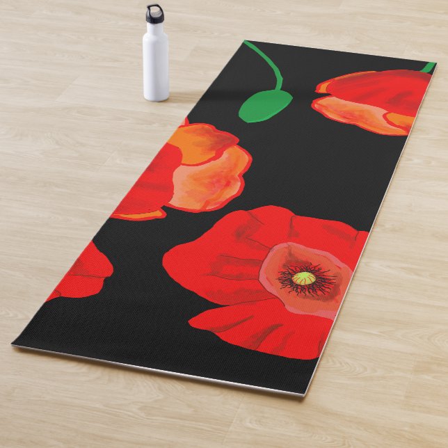 Red poppies on black background illustration  yoga mat (In Situ)