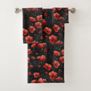 Red poppies on black bath towel set